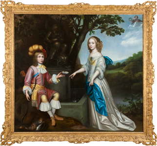 Porträt eines jungen Mannes und einer jungen Dame am Brunnen